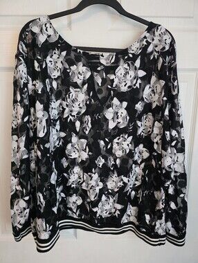 Baku Floral Lace Long Sleeve Blouse Black White Sporty Coquette 2X
